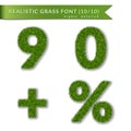 Grass percent, nine, zero, plus set. Green symbols, isolated on white background. Green grass numbers, symbol fresh