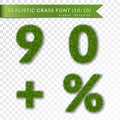 Grass percent, nine, zero, plus set. Green symbols, isolated on white transparent background. Green grass 3D numbers Royalty Free Stock Photo