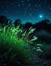 The grass beside the road shines in the moonlight at night.