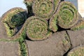 Grass rolls are piled in careless stacks, sod rolls Royalty Free Stock Photo