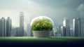 Grass in the shape of a light bulb, Human brain on top of tall buildings, big city, thick cloudy background. Generative Ai Royalty Free Stock Photo