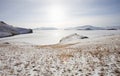 Grass and snow on Olkhon Island. Baikal Lake Winter landscape