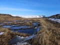 Grass, snowy mountain and ice water landscape in Iceland