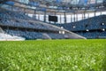 Grass on stadium in sunlight. Closeup of a green football field. Wet stadium grass in the morning light during watering Royalty Free Stock Photo