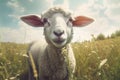 animal green farm lamb field sheep meadow wool sun grass. Generative AI.