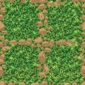 Grass Texture with Rock Stones Seamless,Nature green lawn field Seamless pattern of pavement with green lawn and bricks.Vector top