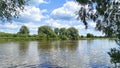 Grass and trees grow on the banks of the river. Willow branches lean over the water, covered with ripples. In summer, the weather