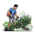 The grass trimmer has a red cutting head and he s depicted in a focused posture Royalty Free Stock Photo