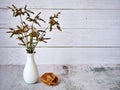 Grass in vase on table and old vintage background ,Cyperus haspan flowerhead dry grass still life ,copy space for letter ,wooden o Royalty Free Stock Photo