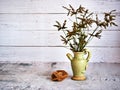 Grass in vase on table and old vintage background ,Cyperus haspan flowerhead dry grass still life ,copy space for letter ,wooden o Royalty Free Stock Photo