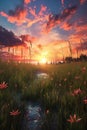 grass and wildflowers under a dreamy sunset sky Royalty Free Stock Photo