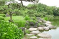 Grasses, stone bridge and water pond in Japanese zen garden Royalty Free Stock Photo