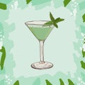 Grasshoper cocktail illustration. Alcoholic classic bar drink hand drawn vector. Pop art