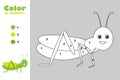 Grasshopper in cartoon style, color by number, education paper game for the development of children, coloring page, kids preschool