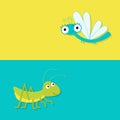 Grasshopper and dragonfly. Cute cartoon character. Yellow blue background. Banner set Baby insect collection. Flat design.