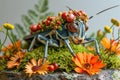 A grasshopper with flowers and leaves on its back, AI