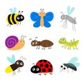 Grasshopper, fly, firefly, ant, mosquito, bee bumblebee, butterfly, snail cochlea, lady bug ladybird flying insect icon set.