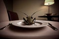 Grasshopper fried insect on the plate with old wooden table background. Insect food is the healthy meal high protein