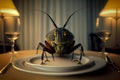 Grasshopper fried insect on the plate with old wooden table background. Insect food is the healthy meal high protein