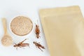 Grasshopper insect powder. Orthoptera flour for Insects eating as food edible items made of cooked insect meat in bowl and spoon Royalty Free Stock Photo