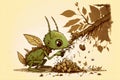 Grasshopper liltle monster eating and destroying leaves, creative digital illustration painting