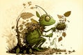 Grasshopper liltle monster eating and destroying leaves, creative digital illustration painting