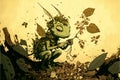 Grasshopper liltle monster eating and destroying leaves, digital illustration painting artwork