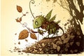 Grasshopper liltle monster eating and destroying leaves, digital illustration painting