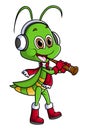 The grasshopper is playing trumpet while wearing headphone