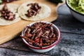 Grasshoppers or chapulines snack. Traditional mexican food from Oaxaca Mexico