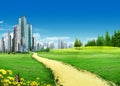 Grassland with city