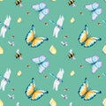 Grassland insects watercolor illustration seamless pattern on azure. Royalty Free Stock Photo