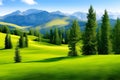 Grassland, Pine Trees, Mountains and Blue Sky Royalty Free Stock Photo