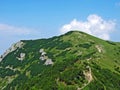 Grassy alpine mountain peak Schonberg or Schoenberg over the Saminatal alpine valley and in the Liechtenstein Alps massiv