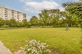 a park with a soccer field in front of a Royalty Free Stock Photo