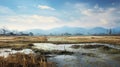 Scenic Images Of Wet Grass Under Sky In Traditional Chinese Landscape Style