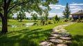 Grassy backyard adorned with stepping stone path Royalty Free Stock Photo