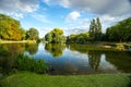Grassy banks of lake in park, Birmingham, England