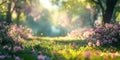 Grassy Field With Pink Flowers and Trees. Generative AI