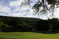 Grassy field and forest in united kingdom Royalty Free Stock Photo