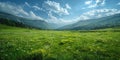 A grassy field is set against a backdrop of mountains