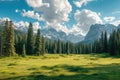 Grassy Field With Trees and Mountains in the Background, A Broad alpine meadow with towering pine trees and distant snowy peaks as