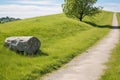 grassy hill bike route with a stone bench