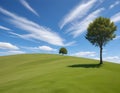 A grassy hill with a lone tree on the horizon under a blue sky with wispy clouds Royalty Free Stock Photo