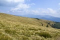 Grassy meadow on forested hillside of Carpathians. Lovely summer landscape in mountains Royalty Free Stock Photo