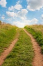 Grassy path facing uphill with blue sky. Royalty Free Stock Photo