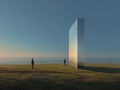 Grassy plain with a reflective metallic cube, two figures standing at angles, surreal landscape, soft lighting suggesting sunrise Royalty Free Stock Photo