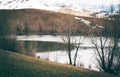 Dark Grassy River Bank with Snowy Mountains Royalty Free Stock Photo