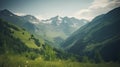 a grassy valley with mountains in the background and clouds in the sky