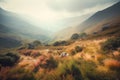 a grassy valley with mountains in the background and a few animals grazing in the grass on the side of the valley and a few trees